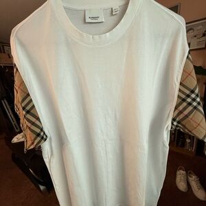 Burberry Ivory Tee with Checkered Sleeves